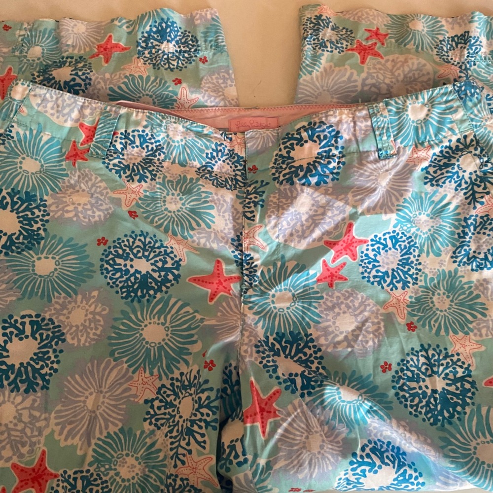 Lilly Pulitzer Crop Pants Blue Pink Starfish Coral Reef Size 12 Lightweight
